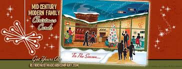 Mid century modern christmas cards. Retro Christmas Card Company Mid Century Family Christmas Cards Feature A Cool Mid Century Modern House With Lively Holiday Family Gathering An Aluminum Christmas Tree Is Being Decorated Swinging Tunes Are