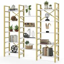 Antique painted open bookshelf or display shelves was designed for a store in a quaint european village, and is perfect for the on top of the bookshelf there is a white colored marble top tha. Triple Wide 5 Shelf Bookcase 5 Tier Etagere Large Open Bookshelf Faux White Gold Metal Frame Walmart Com Walmart Com