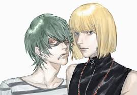 matt (death note), mello (death note), death note, commentary request,  highres, 2boys, bare shoulders, blue eyes, blunt bangs, cigarette, closed  mouth, collarbone, eyes visible through eyewear, goggles, green hair,  jewelry, leather shirt,