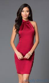 Short Satin Halter Burgundy Red Cocktail Dress Red Cocktail Dress Satin Cocktail Dress Formal Dresses Short