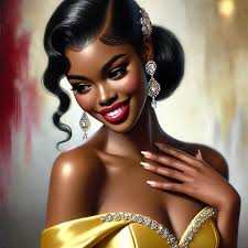 Create a realistic airbrushed illustration of an African American woman,  elegantly dressed in a long, flowing evening gown, standing next to a  luxurious limousine. Her hair is styled in soft waves, and