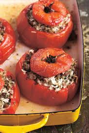 Beefsteak Tomatoes Stuffed With Sauteed Onion And Garlic Ground Beef Rice And Dill Are Staples In Greek Tavernas Chef Melia Mard Recipes Tomato Recipes Food