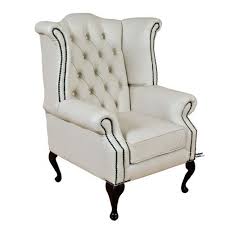 Chesterfield Queen Anne High Back Wing Fireside Armchair White Leather Queen Anne Chair Wing Chair Fireside Armchair