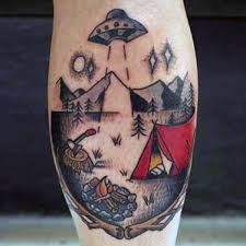 Prison tattoos, scratchers, bootleggers, kitchen magicians i loved camping as a kid, and still do, even though it's been awhile since i have gone. Funny Old Cartoon Style Painted Alien Ship With Human Camp Tattoo On Leg Tattooimages Biz