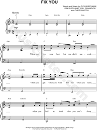 Play the piano sheet music of tears in heaven. Coldplay Fix You Sheet Music Easy Piano In C Major Download Print Sku Mn0110311