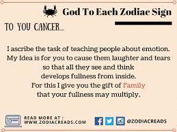 This sign is the fourth of the zodiac and represents family, home life and origins. God To Signs God Assigning Duties To 12 Zodiac Is Best Thing To Read
