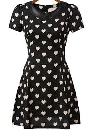 Black Short Sleeve Hearts Print Dress Heart Print Dress Printed Summer Dresses Mixed Print Dress