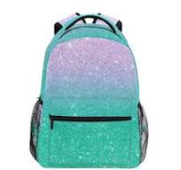 Purple Teal Aqua Glitter Gradient School Backpack, 15L Name Tag School Bags  for Girls, Durable Comfy Straps, Multi Pocket, S