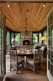 Outdoor Fireplace Dining Area And Lounge Area I Like The Natural Wood Ceiling On This Screened In Porch Porch Design Rustic House Log Homes