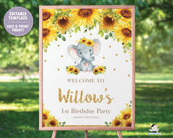 Simply create a ring of balloons. Sunflower Elephant Baby Shower Birthday Christening Welcome Sign The Happy Cat Studio