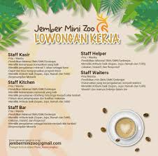 Menampilkan 1 sampai 9 dari 145 lowongan. Lowongan Kerja Jember Mini Zoo Membutuhkan Banyak Karyawan Staff Kasir Staff Kichen Staff Bar Staff Helper Dan Staff Waiters Loker Sekitarku
