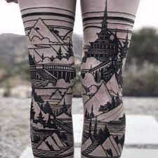Legs Of Lines By Castlebasas Castlebasas Thievesoftower Blackwork Linework Castle Pagoda Stairs Landscape Tattoos Leg Tattoos Women Leg Tattoo Design