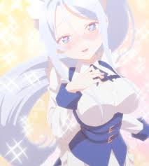 sylpha (dai nana oji), tensei shitara dai nana oji datta no de: kimama ni  majutsu o kiwamemasu, absurdres, anime screenshot, highres, stitched,  third-party edit, 1girl, blue eyes, blush, breasts, hand on own