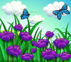 Butterflies At The Garden Flower Garden Drawing Violet Flower Flowers Poster