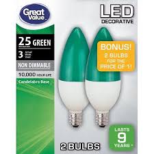 Great Value Led Light Bulb 3 Watts 25w Equivalent B11 Deco Lamp E12 Candelabra Base Non Dimmable Green 2 Pack Walmart Com Led Light Bulb Bulb Light Bulb
