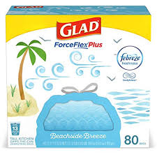 Glad odorshield trash bags in original clean scent provide strength plus odor control, to keep your home smelling fresh and clean. Glad Forceflexplus Tall Kitchen Drawstring Trash Bags 13 Gallon Trash Bag Febreze Beachside Breeze 80 Count Package May Vary Walmart Com Walmart Com