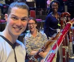 Here are l to r Nikolaj Henriques, Shelly Organ, and Margaret Cookhorn,  sharing a light moment at a rehearsal for the City of Birmingham Symphony  Orchestra's Thurs. evening Prom concert in London.