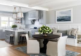 French countryside oak and rubbed white dining table. Round Black Pedestal Dining Table With Linen Dining Chairs Transitional Kitchen
