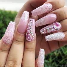 Long Coffin Nails Natural Pink With Stamp Floral Patterns Pink 3d Flower With Silver Rh Full Set Acrylic Nails Pink Acrylic Nail Designs 3d Nail Art Designs