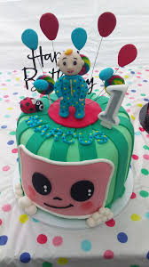 Custom cocomelon birthday cake with a fondant jj and melon on top for. Cocomelon First Birthday Cake For Boy Amazon Com Kapokku Glitter Black Happy Birthday Cake Topper For Cocomelon Themed Birthday Decoration For Kids Birthday Baby Shower Watermelon Party Supplies Toys Games