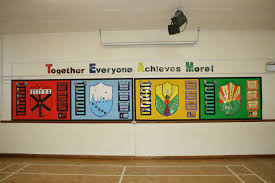 House Point Team Together Everyone Achieves More Whole School Hall Display School Displays House System School Hall