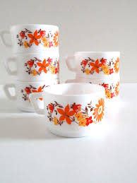 6 Vintage 70s Milk Glass Cups With Orange And Yellow Flowers Vintage Dishes Glass Cup Milk Glass