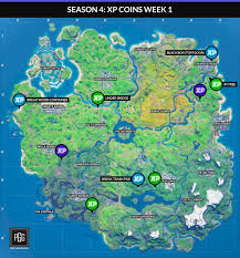 Players will find xp coins in the marked locations on the map. Season 4 Xp Coins Week 1 Map Fortnitebr