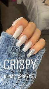 We love the combination of this nail art. Nailsssbymeg White Glitter Nails Fake Nails Acrylic Nails Coffin Short