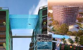 The embassy gardens' sky pool is made of aquarium glass to look like an overpass of water that stretches between two towers. First Ever Sky Pool To Open In London 115ft Up In The Air Daily Mail Online