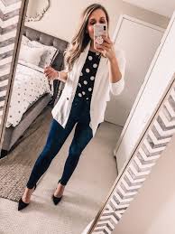 Black And White Polka Dot Top Outfit Ootd 6 26 19 Black Polka Dot Top Visions Of Vogue Polka Dot Top Outfit Modest Casual Outfits White Blazer Outfits