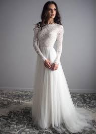 Simple Wedding Dresses Modern Lace Tulle Jewel Neckline A Line Wedding Dresses Magbridal Weddingdresses In 2020 Wedding Dress Long Sleeve Wedding Dress Sleeves Modest Wedding Dresses
