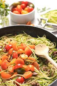 Zucchini Noodles With Minced Beef And Mini Heirloom Tomatoes Zucchini Noodles Paleo Chicken Recipes Cooking With Ground Beef
