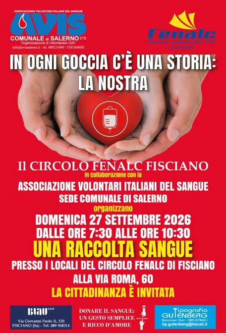 Fisciano, giornata di donazione del sangue domenica 27 settembre 2026 -  Napoli Village - Quotidiano di Informazioni Online