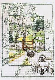 Ewes fluffy cross stitch patterns. Sheep In A Field Cross Stitch Kit By Permin Of Copenhagen Cross Stitch Landscape Cross Stitch Animals Cross Stitch