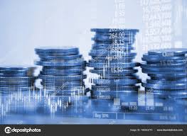 Double Exposure Of Coin Stack With Stock Market Screen Chart