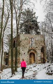 Hiking Girl Enjoying View of Ruins of Abandoned Chapel of Saint Mary  Magdalene
