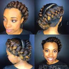African American Two Braids And Side Bun Updo Protective Hairstyles For Natural Hair Natural Hair Styles Natural Hair Updo
