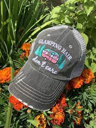 Glamping Hats Camping Glamping Hair Dont Care Im A Happy Camper Camping Hair Dont Care Embroidered Gray Womens Truc In 2020 Camping Hair Glamping Camping Hat