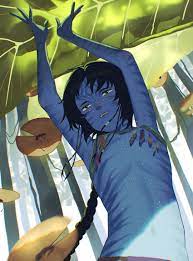 kiri (avatar), avatar: the way of water, avatar (2009 film), james  cameron's avatar, commentary, english commentary, highres, 1girl,  alien, armpits, black hair, blue skin, breasts, cat girl, colored skin,  cowboy shot, from