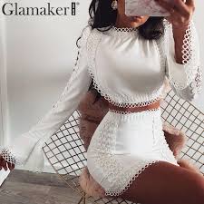 Glamaker الدانتيل الأبيض Bodycon البسيطة اللباس المرأة اثنين من قطعة دعوى Flare كم الشتاء اللباس الخ Ladies Mini Dresses White Bodycon Mini Dress White Bodycon