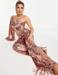 Asos Luxe Sequin Jumpsuit With Extreme Sleeve And Fringe Hem In Rose Gold Asos