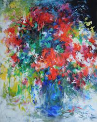 My last painting i shared was more of a floral bouquet or still life and this painting is really loose and abstract. Mary Chaplin Bouquet In A Blue Vase Colourful Abstract Flower Painting On Canvas Floral Art For Sale At 1stdibs
