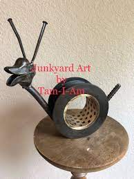 Junkyard Art By Tam I Am Repurposed Pulley Rebar Rocker Arms And Nails Come Together To Make This Happy Little S Metal Tree Metal Art Diy Art Gallery Wall