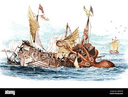 Vintage Kraken Attacking Ship