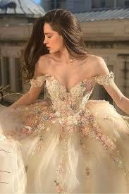 From romantic white high low dresses, black high low dresses and coral colors, to bold and fitted outfit in darker colors, in order to make you feel your most confident — we have it all. Gorgeous Off Shoulder Champagne Lace Floral Prom Dress Long 3d Flower Abcprom In 2021 Floral Prom Dresses Ball Gowns Fantasy Quince Dresses