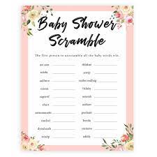 Ask your baby shower party guests to write the names of the songs with the word 'baby' in the title with in 5 minutes. Baby Shower Word Scramble Spring Floral Printable Baby Shower Games Ohhappyprintables