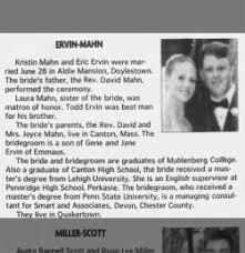 Wedding Announcement for Kristin Mahn and Eric Ervin