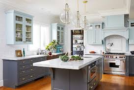 pale blue upper cabinets and dark gray
