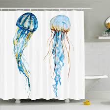 Blue Painted Jellyfish Shower Curtain Cool And Trending Beach And Nautical Shower In 2020 Nautical Shower Curtains Ocean Themed Bathroom Decor Nautical Bathroom Decor
