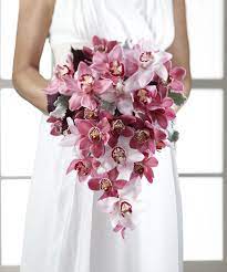 Perfectly Opulent With The Use Of Pink And Pale Pink Cymbidium Orchids Accented With Burgundy Mini Wedding Flower Trends Orchid Bouquet Wedding Orchid Wedding